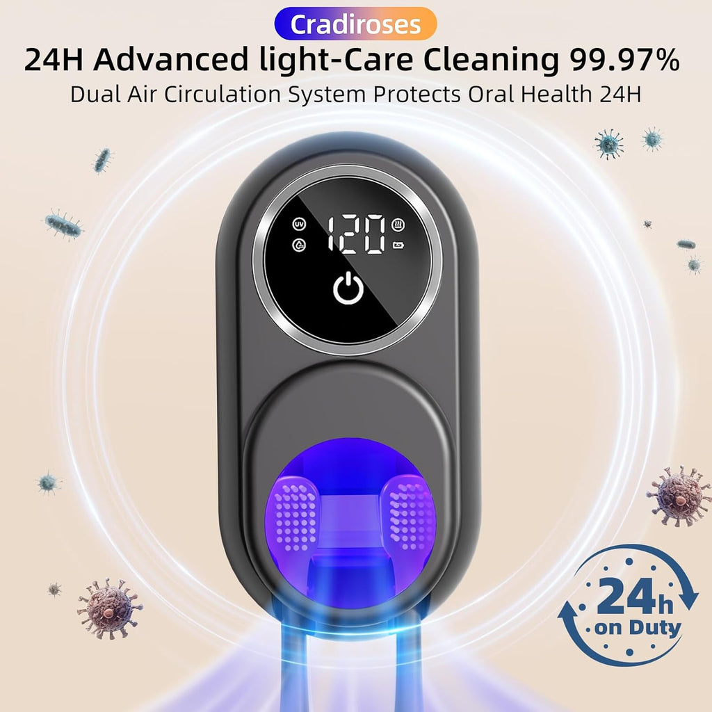 UV Toothbrush Sanitizer Holder, Auto-Sensor Wall-Mount Tooth Brush Cleaner with Heated Drying, 2 Slots LED Smart Screen for Bathroom (Black