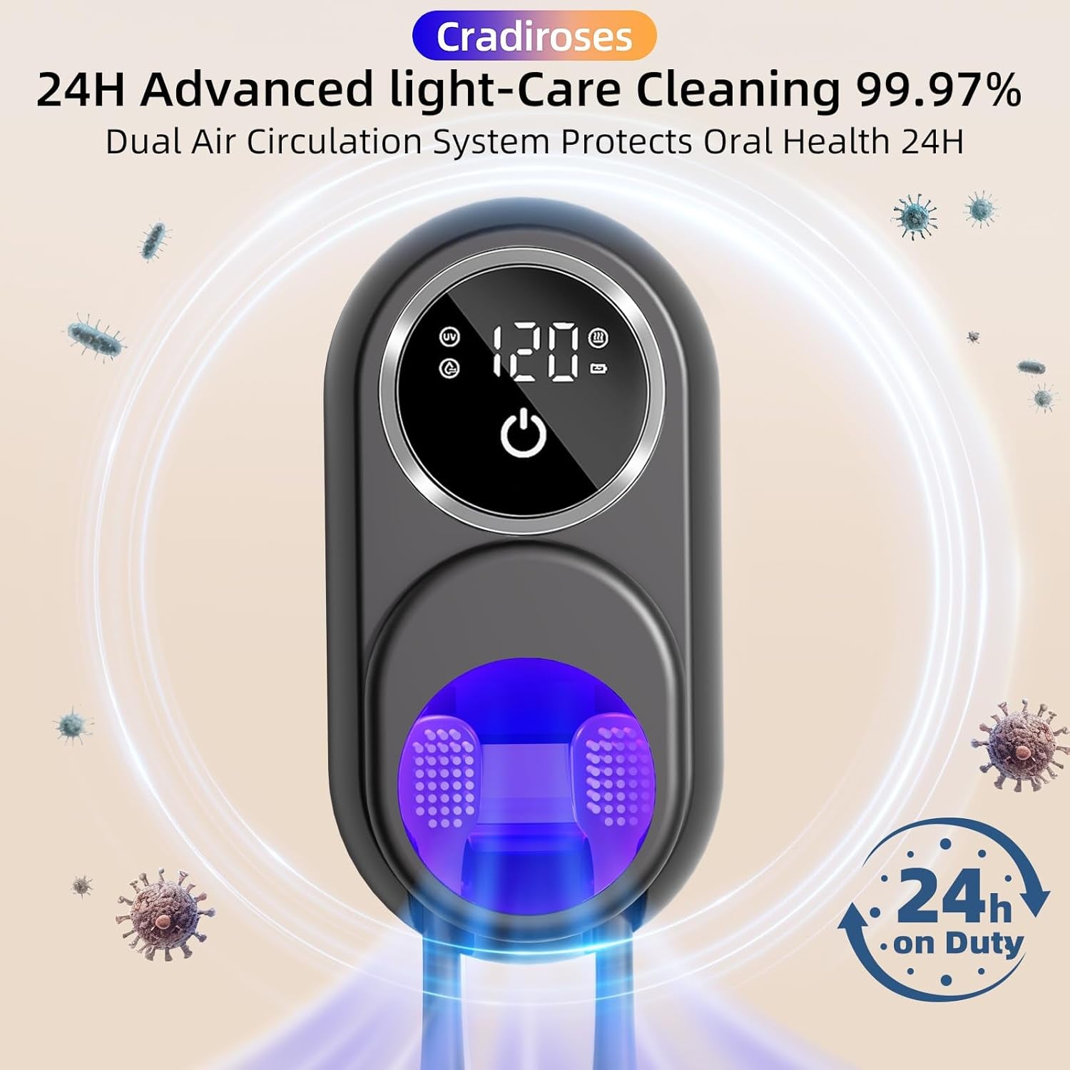 UV Toothbrush Sanitizer Holder, Auto-Sensor Wall-Mount Tooth Brush Cleaner with Heated Drying, 2 Slots LED Smart Screen for Bathroom (Black