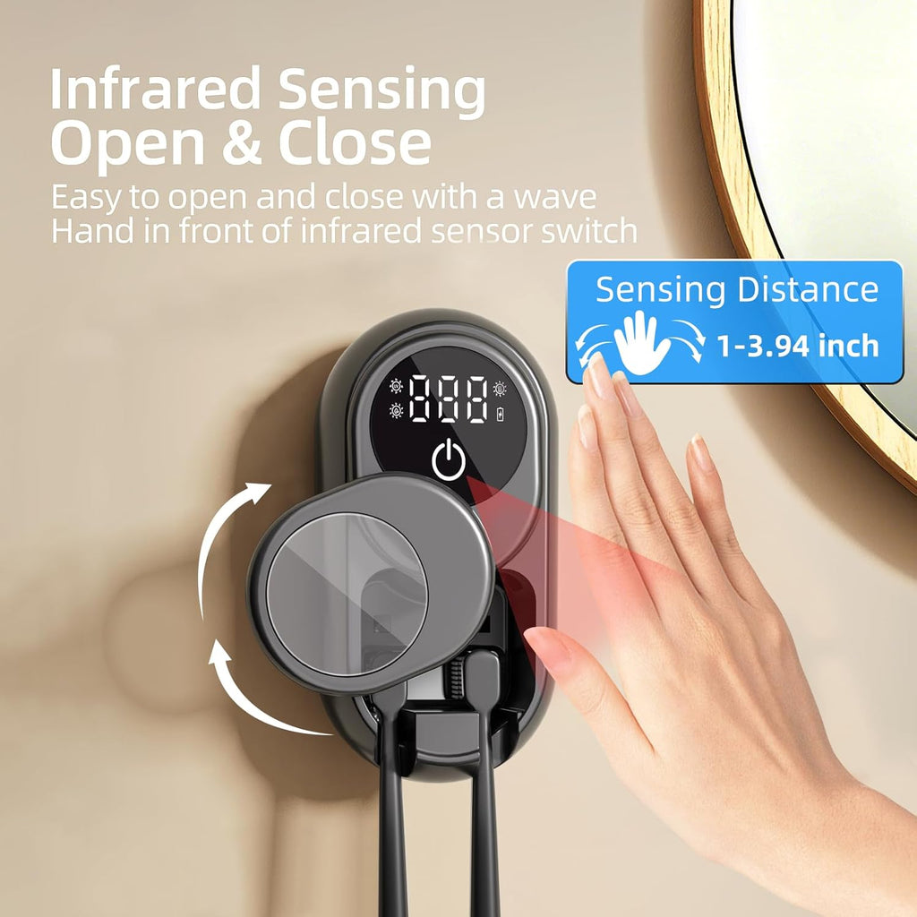 UV Toothbrush Sanitizer Holder, Auto-Sensor Wall-Mount Tooth Brush Cleaner with Heated Drying, 2 Slots LED Smart Screen for Bathroom (Black