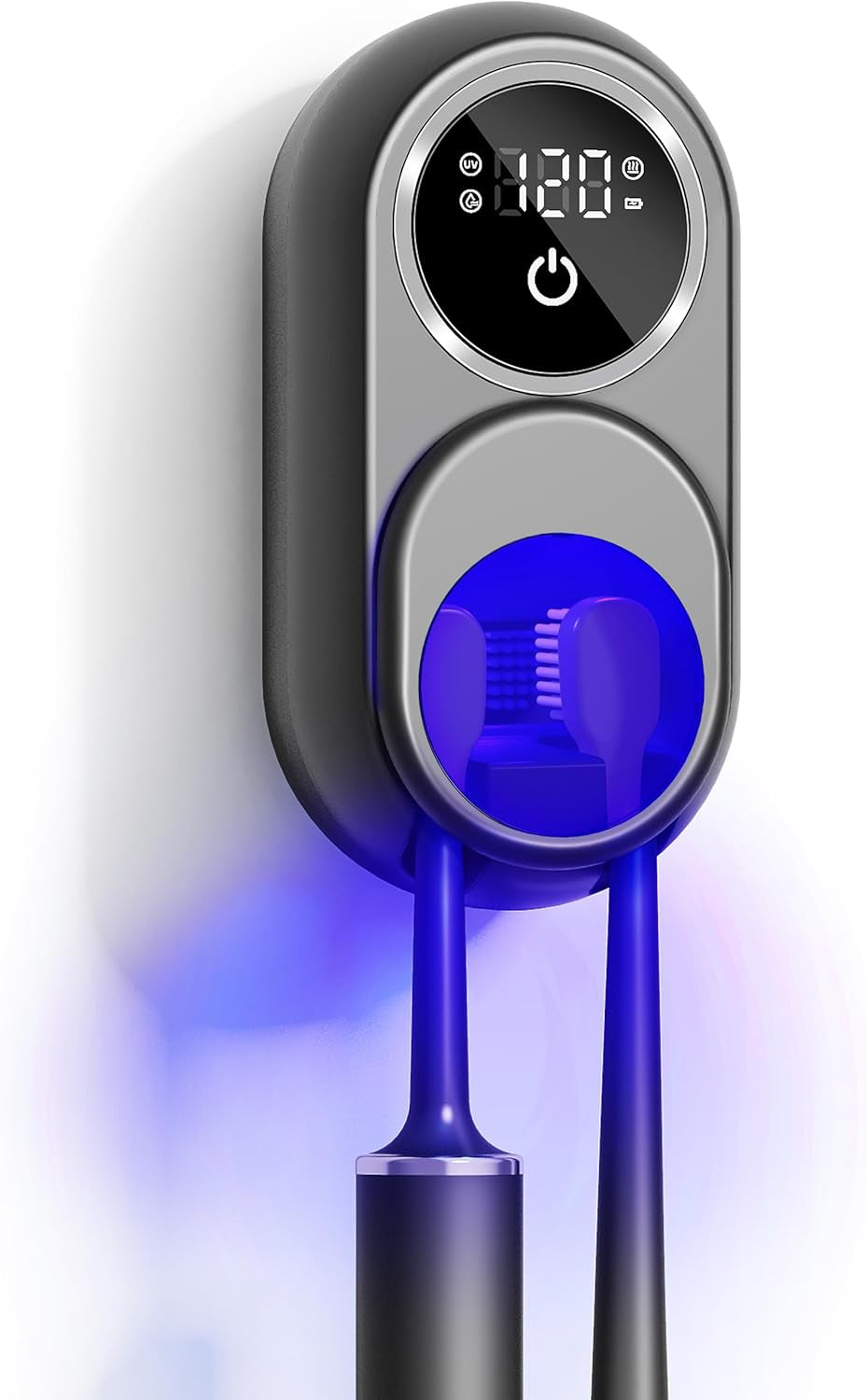 UV Toothbrush Sanitizer Holder, Auto-Sensor Wall-Mount Tooth Brush Cleaner with Heated Drying, 2 Slots LED Smart Screen for Bathroom (Black
