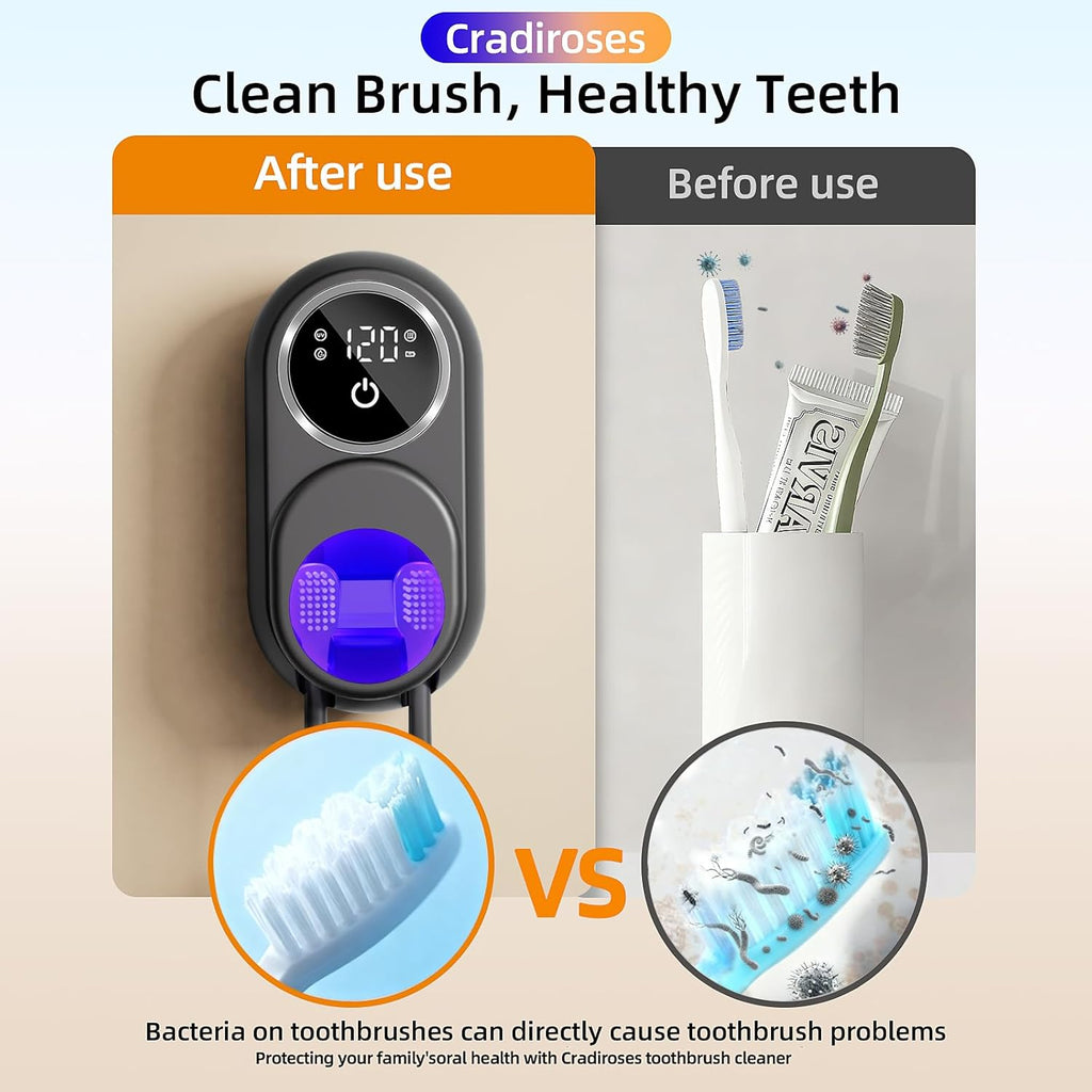 UV Toothbrush Sanitizer Holder, Auto-Sensor Wall-Mount Tooth Brush Cleaner with Heated Drying, 2 Slots LED Smart Screen for Bathroom (Black
