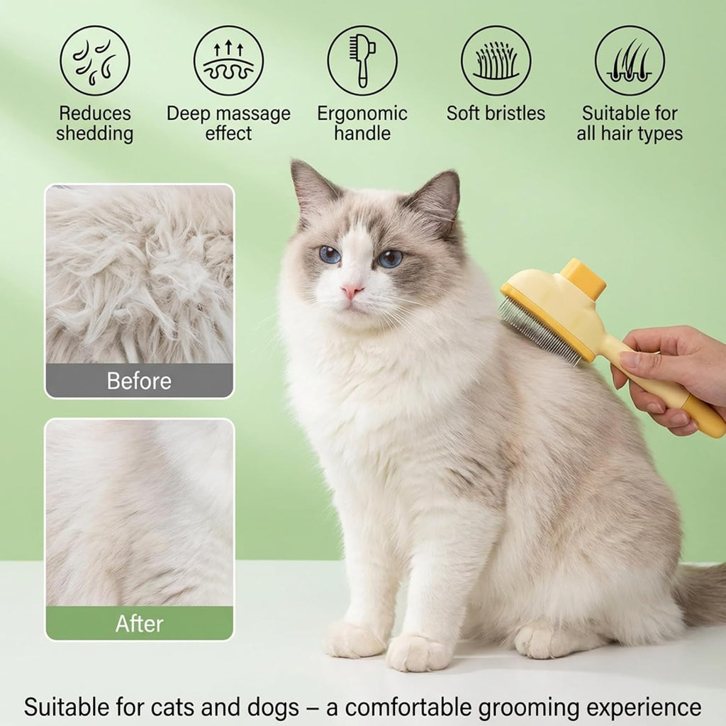2 Pack Self-Cleaning Pet Comb for Dogs & Cats, Reusable Cat Grooming Brush Dog Shedding Brush Pet Hair Brushes Cats Fur Combs with Long Short Stainless Steel Metal Teeth for Indoor Dog Deshedding